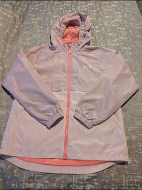 Eddie Bauer Girls Hooded Rain Jacket in Light Purple/Pink with Coral Zipper